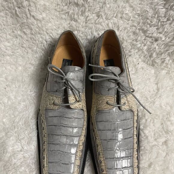 Moretti Mens Leather Shoes Gray Blue Distressed Square Toe Laces Size 8.5‎ Moretti Black Label Navy Blue Knit Wingtip Oxford Shoes/12/NWOT main image 4